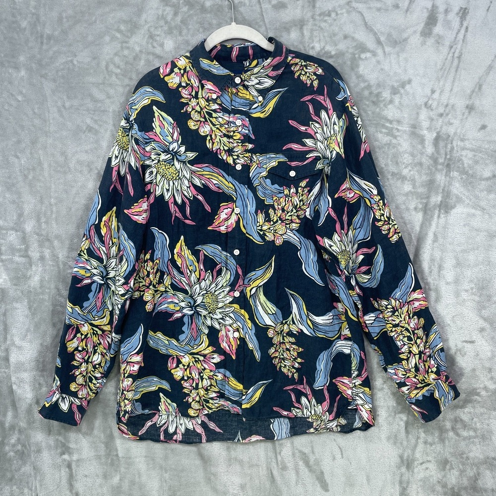 Polo Ralph Lauren Men's Large 100% Linen Hawaiian Floral Navy Shirt Long Sleeve